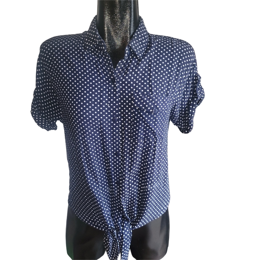 Love Notes Navy Blue Polka Dot Short Sleeve Button Up Fabric Tie Hem Top S